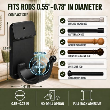 Black Self Adhesive Curtain Rod Brackets 8 Pack for 0.55-0.78 inch Rods
