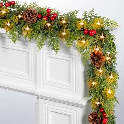 Cedar Green 9FT Prelit Christmas Garland with Lights, Red Berries & Pine Cones