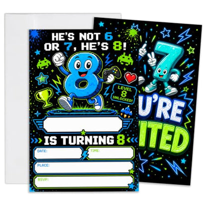 8th Boys Birthday Invitations Blue Party Invitations Gamer Teal Set