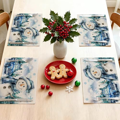 Snowman Christmas Placemats Set of 4 - 12x18 Inches Holiday Table Decor