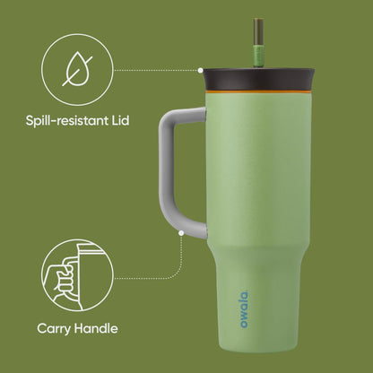 Owala Stainless Steel Triple Layer Insulated Travel Tumbler with Spill Resistant Lid, Straw, and Carry Handle, BPA Free, 40 oz, Green (Brave Adventures)