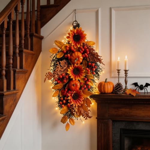 2 Pack Fall Harvest Teardrop Swags for Front Door - Autumn Decor