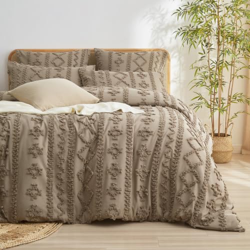 King Size Tufted Duvet Cover Set Farmhouse Taupe Bedding