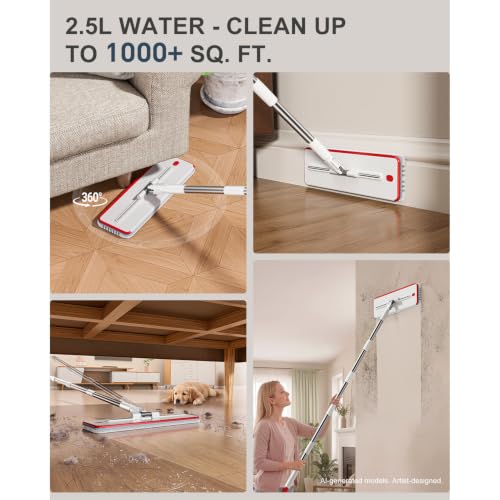 White Flat Mop with 4 Washable Pads - 3-Tank System for Floor & Wall Cleaning