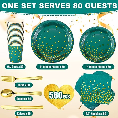 560Pcs Green and Gold Party Supplies Set for 80 Guests - Plates Cups Napkins Cutlery