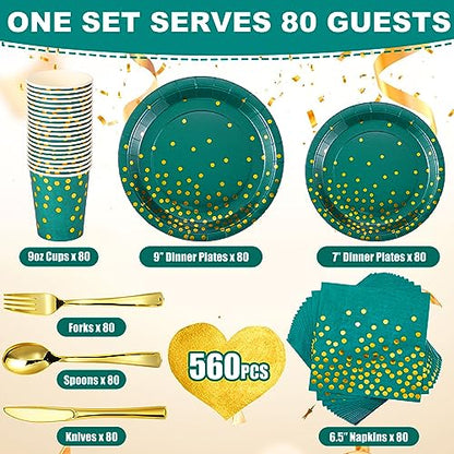 560Pcs Green and Gold Party Supplies Set for 80 Guests - Plates Cups Napkins Cutlery