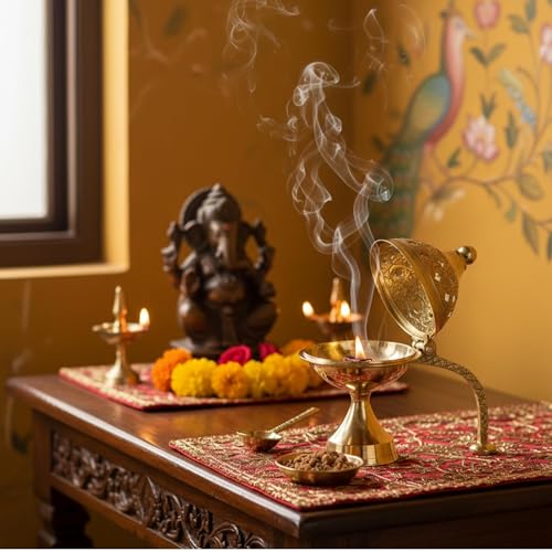 Brass Dhoop Dani Incense Holder with Handle for Puja 4.5 x 4 - Traditional Temple Decor