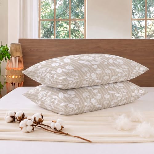 Beige Floral Pillowcases Queen Size Set of 2 - Breathable Cotton, Envelope Closure