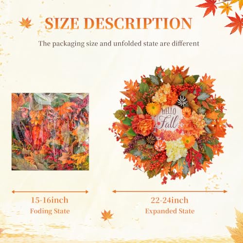 Fall Wreath for Front Door 24-Inch Autumn Harvest Wreath with Dahlias - Orange Variation