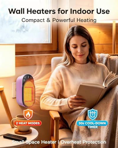 Wall Outlet Space Heater 450W with Adjustable Modes & 12h Timer - Portable Electric Heater