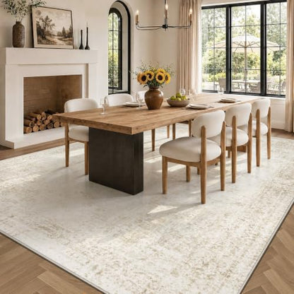 Washable 8x10 Area Rug for Living Room Vintage Boho Medallion Beige Non-Slip Low Pile Carpet