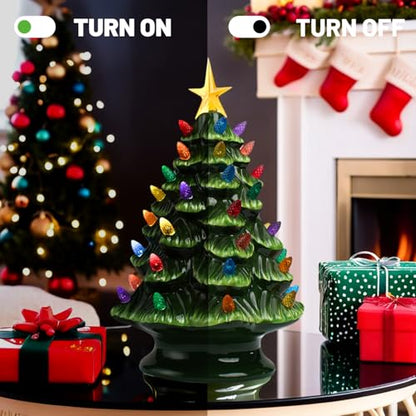 Green Ceramic Christmas Tree with Lights for Tabletop Holiday Decor - 6 Inches