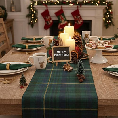 2 Pack Christmas Table Runner - Green and Blue Tartan Linen, 70.87 x 12.99 Inches