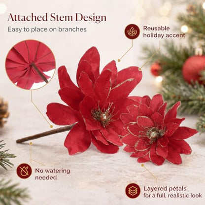Artificial Christmas Poinsettia Flower Set - Red & Gold, 16 & 12 Inch