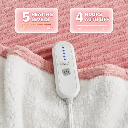 Pink Ribbed Electric Heated Throw Blanket - Soft Flannel with 5 Heat Levels, Gift for Women - Variation 01
