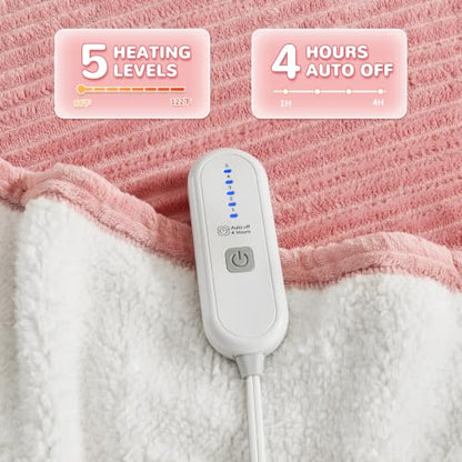 Pink Ribbed Electric Heated Throw Blanket - Soft Flannel with 5 Heat Levels, Gift for Women - Variation 01