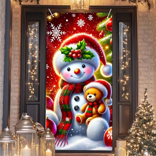 Christmas Snowman Door Cover 35x71 Inch Holiday Banner with Teddy Bear - Colorful Banner #02