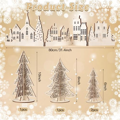 Retro Christmas Wooden Decor Set - 32 Inch Church Tree and House Signs