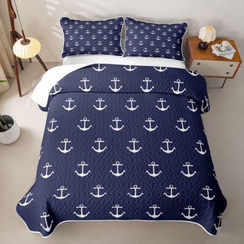 Navy Blue Nautical Anchor Full Quilt Set with Pillow Shams - Ocean Sailboat Microfiber Bedding