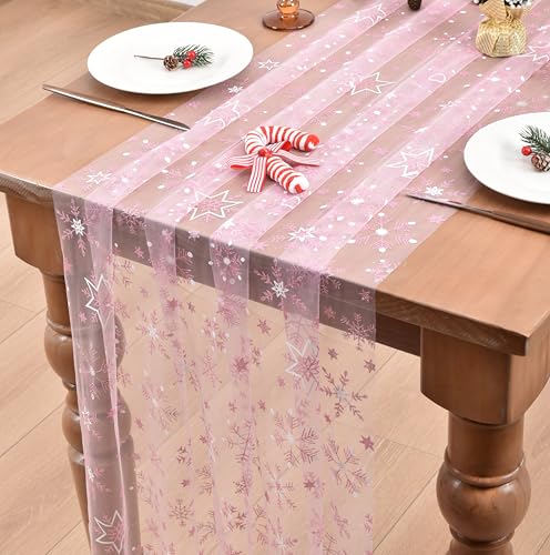 Pink Snowflake Table Runner 28x120 Inches Glitter Winter Decor Set of 4