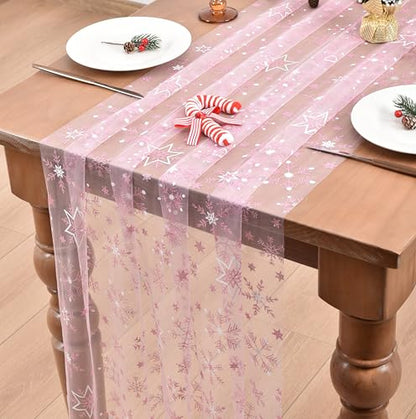 Pink Snowflake Table Runner 28x120 Inches Glitter Winter Decor Set of 4