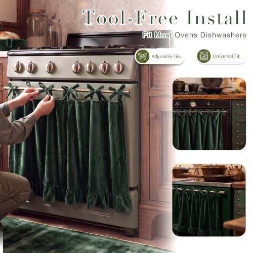 Velvet Oven Skirt Curtain Cover - Olive Green, 30x22in, Ruffled Kitchen Decor