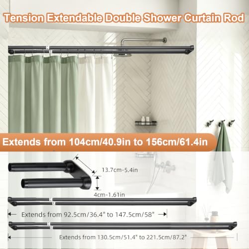 Adjustable Double Shower Curtain Rod - No Drilling Tension Shower Pole, Rustproof Metal