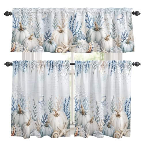 Light Blue Coastal Farmhouse Kitchen Curtains Set - 3 Pieces, 54 x 36 Inches