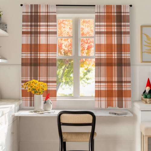 Semi Sheer Curtains 52 x 63 Inches Set with Orange, Brown, Cream Checks - Window Drapes for Living Room Bedroom