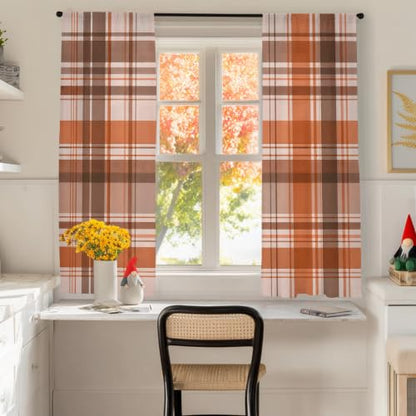 Semi Sheer Curtains 52 x 63 Inches Set with Orange, Brown, Cream Checks - Window Drapes for Living Room Bedroom