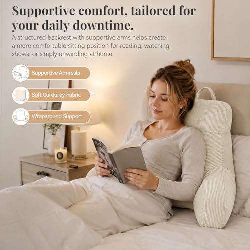 Reading Pillow with Arms for Bed Sitting Up - Beige, 24 Inch - Supportive Backrest
