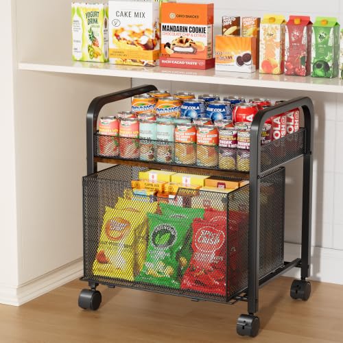 2-Tier Rolling Pantry Organizer Cart with Mesh Drawer - Black