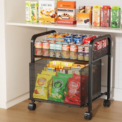2-Tier Rolling Pantry Organizer Cart with Mesh Drawer - Black