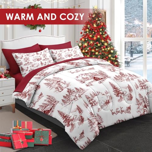 WeCozy Queen Christmas Comforter Set with Sheets - Vintage Holiday 7 Piece Winter Bedding
