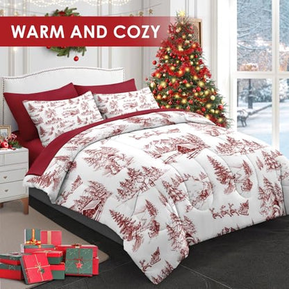 WeCozy Queen Christmas Comforter Set with Sheets - Vintage Holiday 7 Piece Winter Bedding