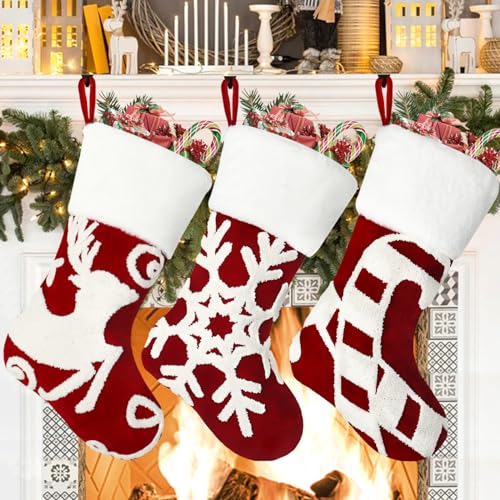 Set of 3 Red Embroidered Christmas Stockings - 18 Inch Holiday Decor