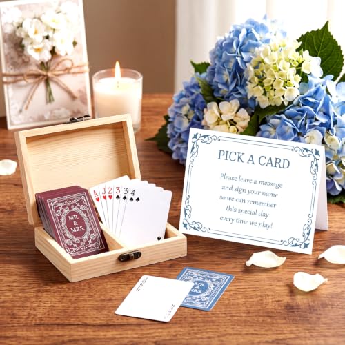 Wedding Guest Book Playing Cards Set with Wooden Box - 108 Blue & Red Variations