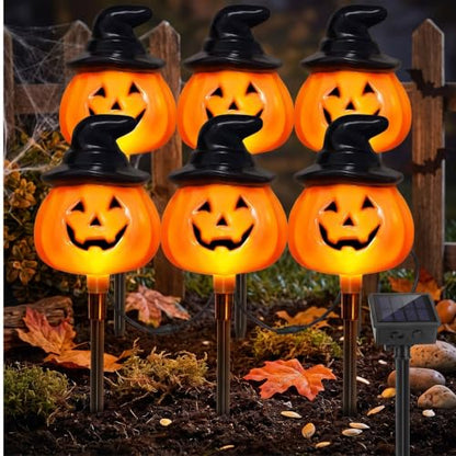 Outdoor Halloween Pumpkin Stake Lights - Solar Jack O Lantern Decor, Waterproof, 6-Pack