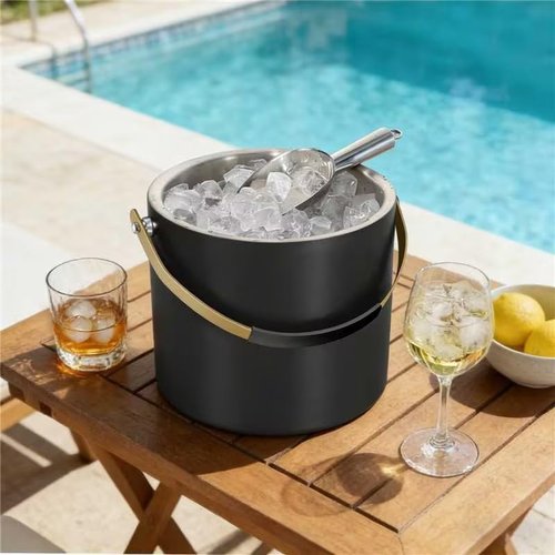 3.2L/3.4QT Modern Insulated Ice Bucket with Silicone Lid, Scoop, Strainer, Double Wall Stainless Steel Ice Bucket for Parties & Cocktail Bar,Ideal for Gift(Black)