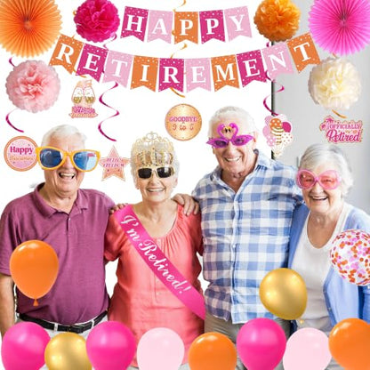 Holkcog Pink Orange Retirement Party Decorations Set - Banner, Balloons, Fans