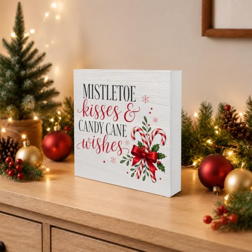 Christmas Candy Cane Mistletoe Wooden Sign - Wishes Holiday Table Decor