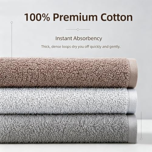 3 Piece Cotton Bath Towel Set with Hand Towel & Washcloth - Grey