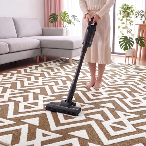Soft 5x8 Geometric Shaggy Area Rug for Living Room & Bedroom - Non Slip Beige