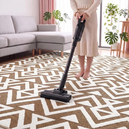 Soft 5x8 Geometric Shaggy Area Rug for Living Room & Bedroom - Non Slip Beige