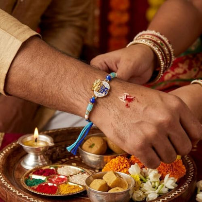 Blue Evil Eye Rakhi Set with Kumkum Holder Thali & Ritual Essentials