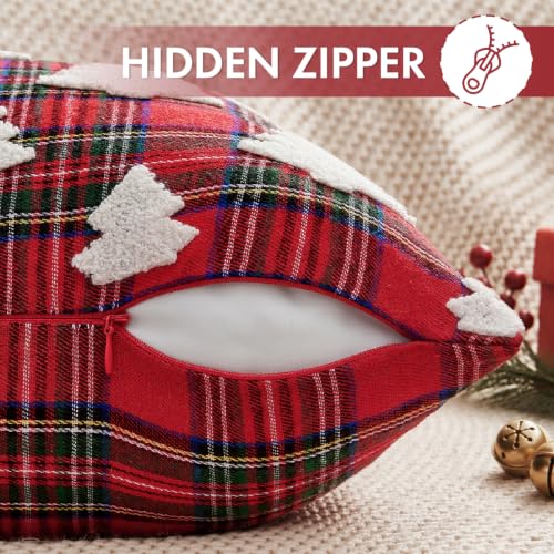 Christmas Pillow Covers 20x20 Set of 2 - Red Tartan & Tufted Tree Farmhouse Decor