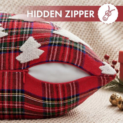 Christmas Pillow Covers 20x20 Set of 2 - Red Tartan & Tufted Tree Farmhouse Decor