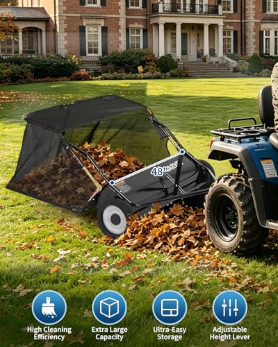 48-Inch Tow Behind Lawn Sweeper with 16 Cu.Ft Capacity and Adjustable Brush - Black