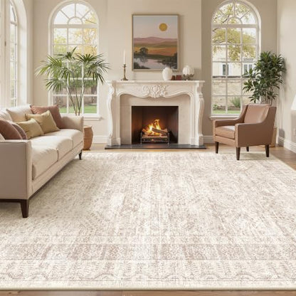 Vintage Beige 8x10 Washable Rug - Foldable, Soft, Stain-Resistant Area Rug