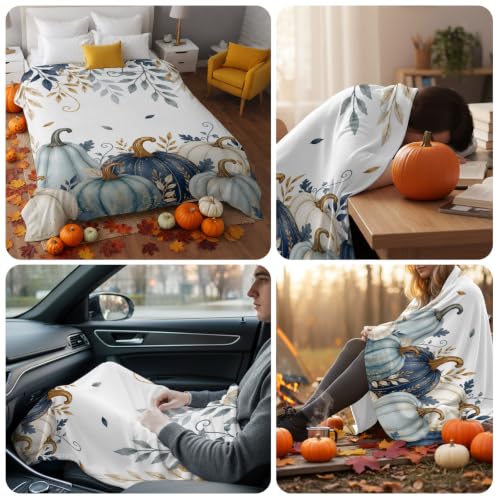 Fall Thanksgiving Throw Blanket - Teal Blue White Pumpkin 40x50 Inches - Autumn Leaf Branches